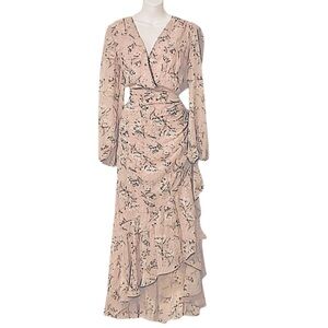 V Neck Flowy Ruffle Long Sleeve Printed Pink Sheer Floral Faux Wrap MIDI Dress L